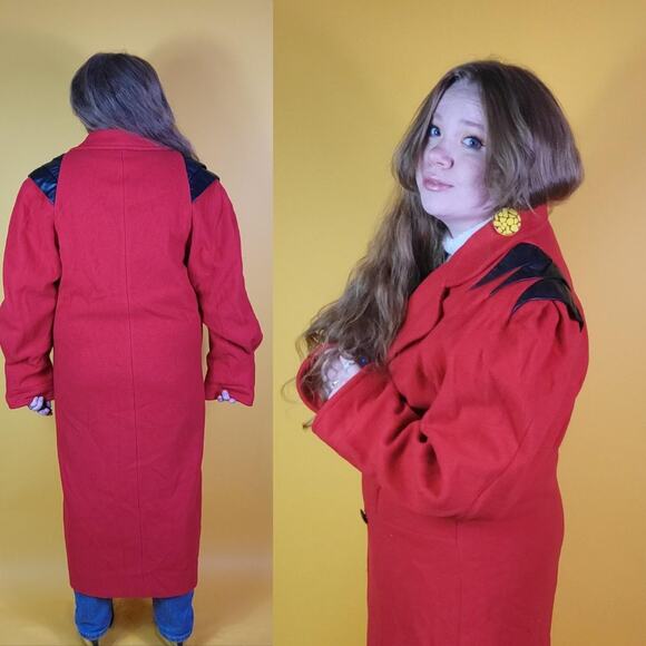Vintage Red Trench Coat with Leather Shoulder Details, L - Picture 3 of 4